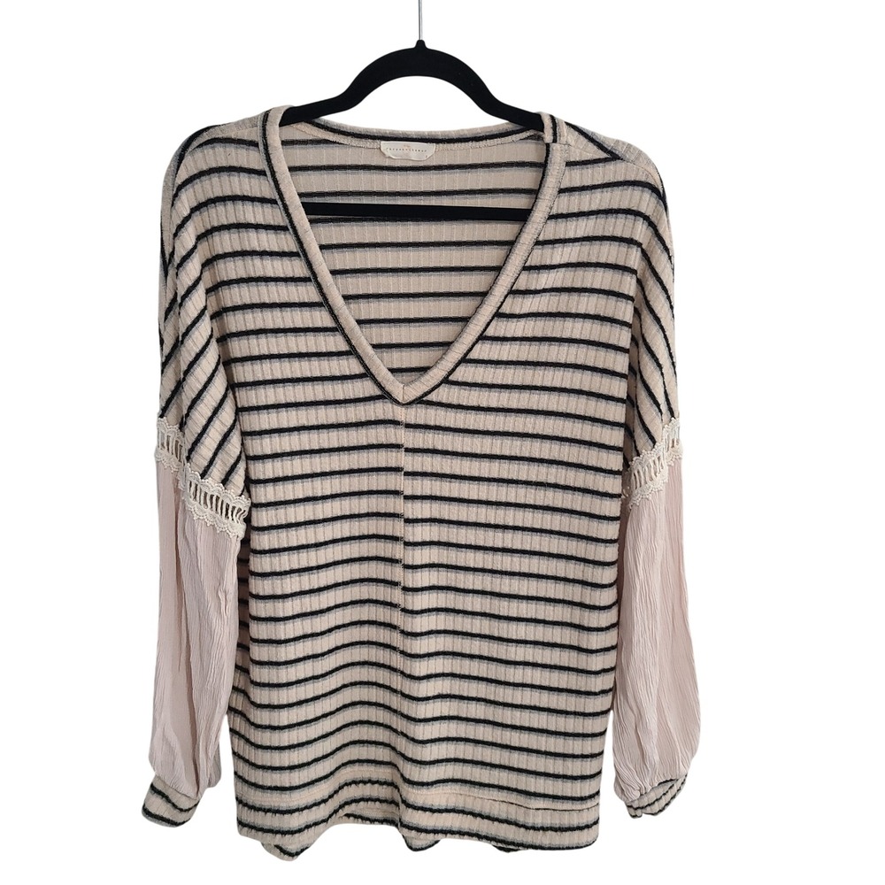 Chrysanthemum Womens Striped Ribbed Knit Top Crochet Lace Balloon Sleeve‎ Small
